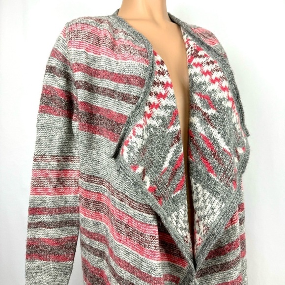 Lucky Brand NWT $148 Women’s Sz S Open Front Cardigan Sweater Striped Grey & Red - Picture 2 of 12